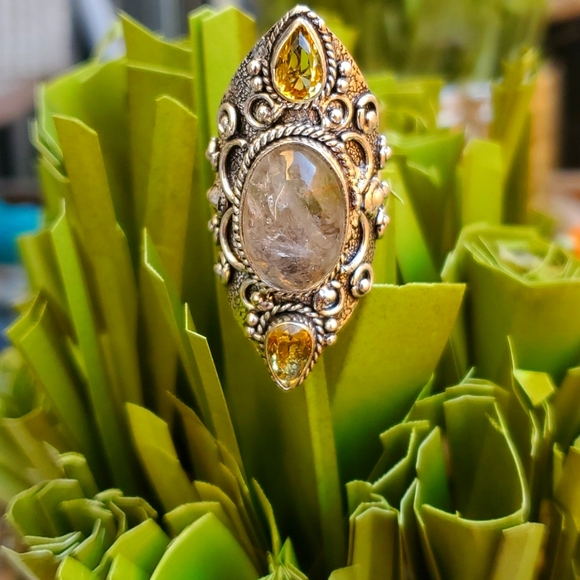 New Golden Rutile & Citrine 925 Silver Statement Ring. - Picture 12 of 16